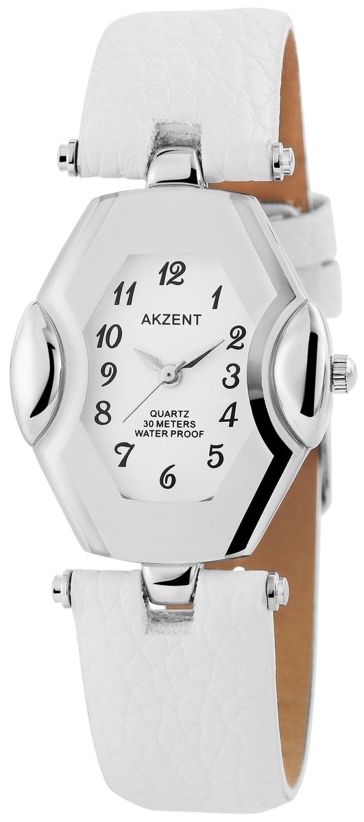 Akzent-Dames horloge-Analoog-Rond-30MM-Zilverkleurig-Wit lederen band.