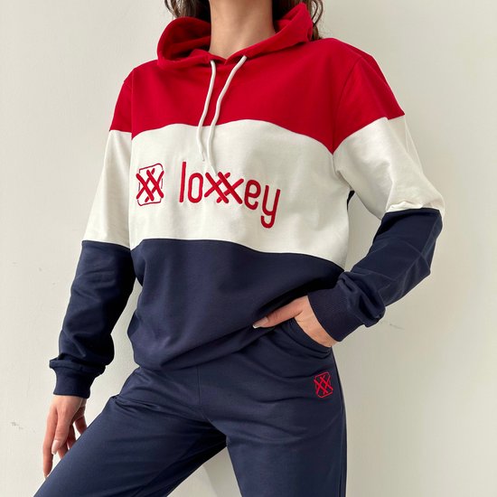 Loxxey® - Katoen - Costume de loisirs - Costume de jogging - Costume d'intérieur - Vêtements Home - Sweat à capuche - Survêtement - Survêtement - 1 Set (2 pièces) - Femme - Taille L - Rouge / Blauw