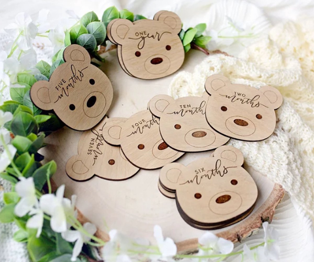 Image of 14 Houten Mijlpaalkaarten Baby - Babyshower cadeau - Kraamcadeau Jongen en meisje - milestone cards/beertje