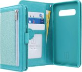 Samsung Galaxy S10+ Bookcase hoesje - CaseBoutique - Effen Turquoise - Kunstleer - Glitters - Rits Vakje