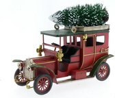Kerstdecoraties - Metalen Auto Met Kerstboom Rood ''oldtimer'' 26x11x24cm