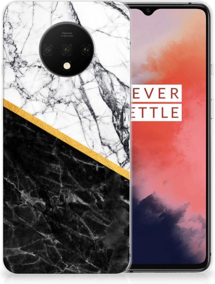 OnePlus 7T TPU Siliconen Hoesje Marmer Wit Zwart - Origineel Cadeau Man