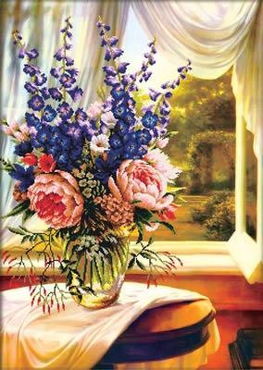 Volledige Borduurpakketen Volwassenen - Voorbedrukt - Hobby en Creatief - Borduurset - Voorbedrukt borduurpakket Bloemen Vaas bij het raam op aida Needleart World 750.019