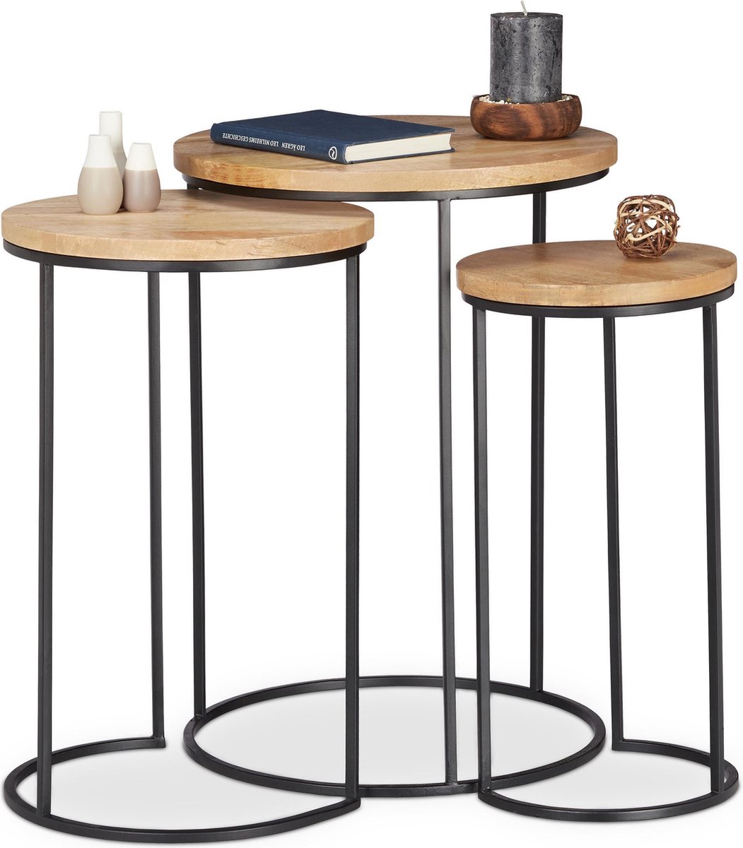 Relaxdays bijzettafel set van 3 stuks rond mimiset mangohout tafelset metaal