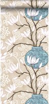 Origin Wallcoverings behangpapier magnolia beige en turquoise - 346923 - 53 cm x 10,05 m