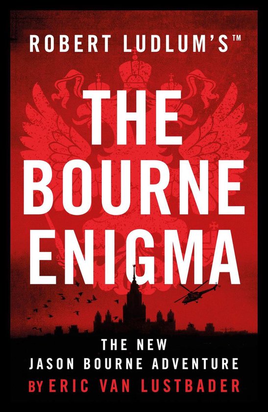 Boekomslag van 'The Bourne Enigma' met de titel in witte letters op een rode achtergrond met Russische adelaars en een helikopter.