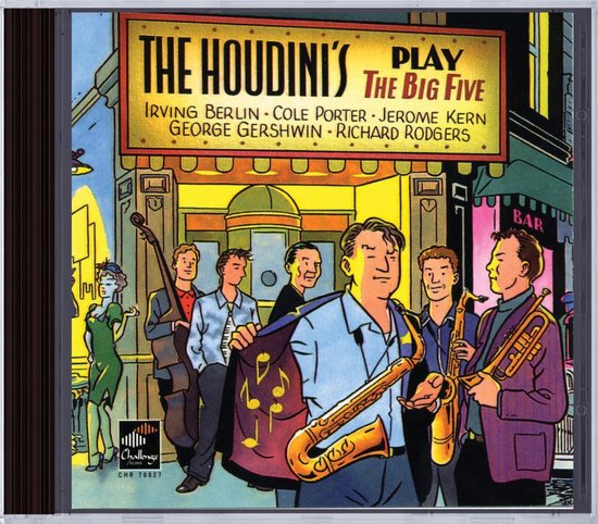 CD-hoes met illustratie van The Houdini's die The Big Five spelen. Mannen met instrumenten, vrouw in groene jurk.