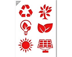 Milieu symbolen sjabloon - Recycle, boom, groene energie, blad, zonne-panelen - Kunststof A3 stencil - Kindvriendelijk sjabloon geschikt voor graffiti, airbrush, schilderen, muren, meubilair, taarten en andere doeleinden