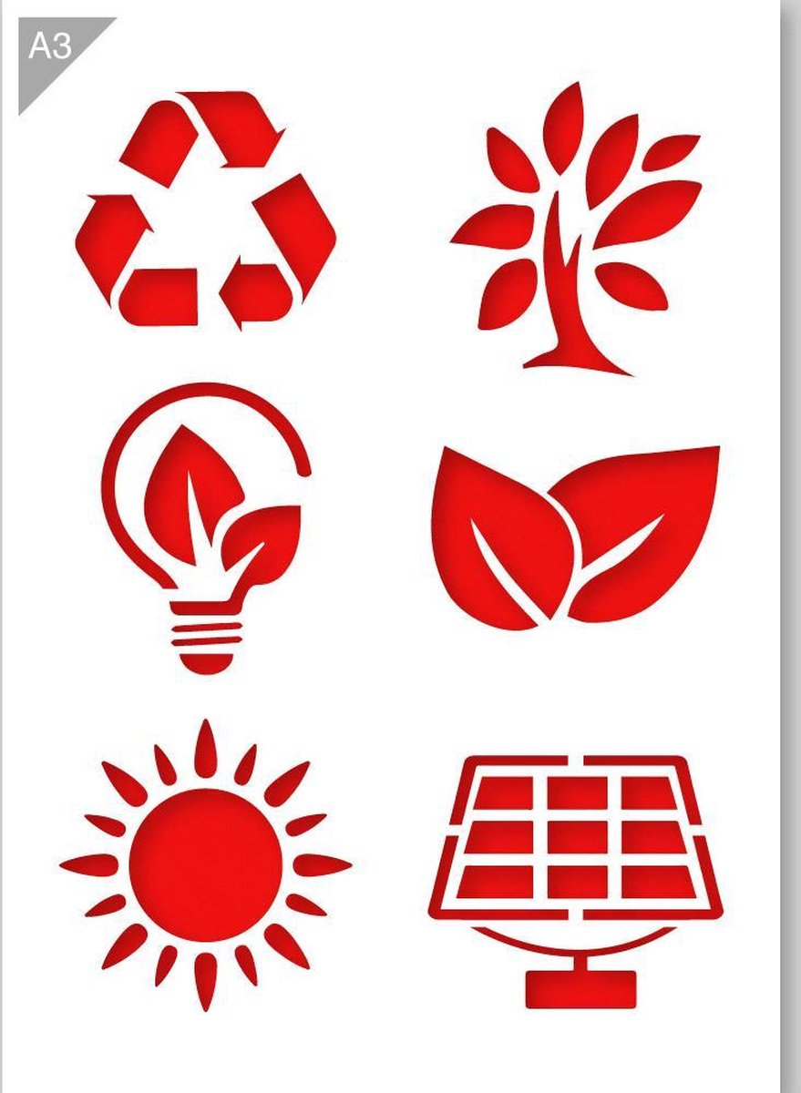 Milieu symbolen sjabloon - Recycle, boom, groene energie, blad, zonne-panelen - Kunststof A3 stencil - Kindvriendelijk sjabloon geschikt voor graffiti, airbrush, schilderen, muren, meubilair, taarten en andere doeleinden