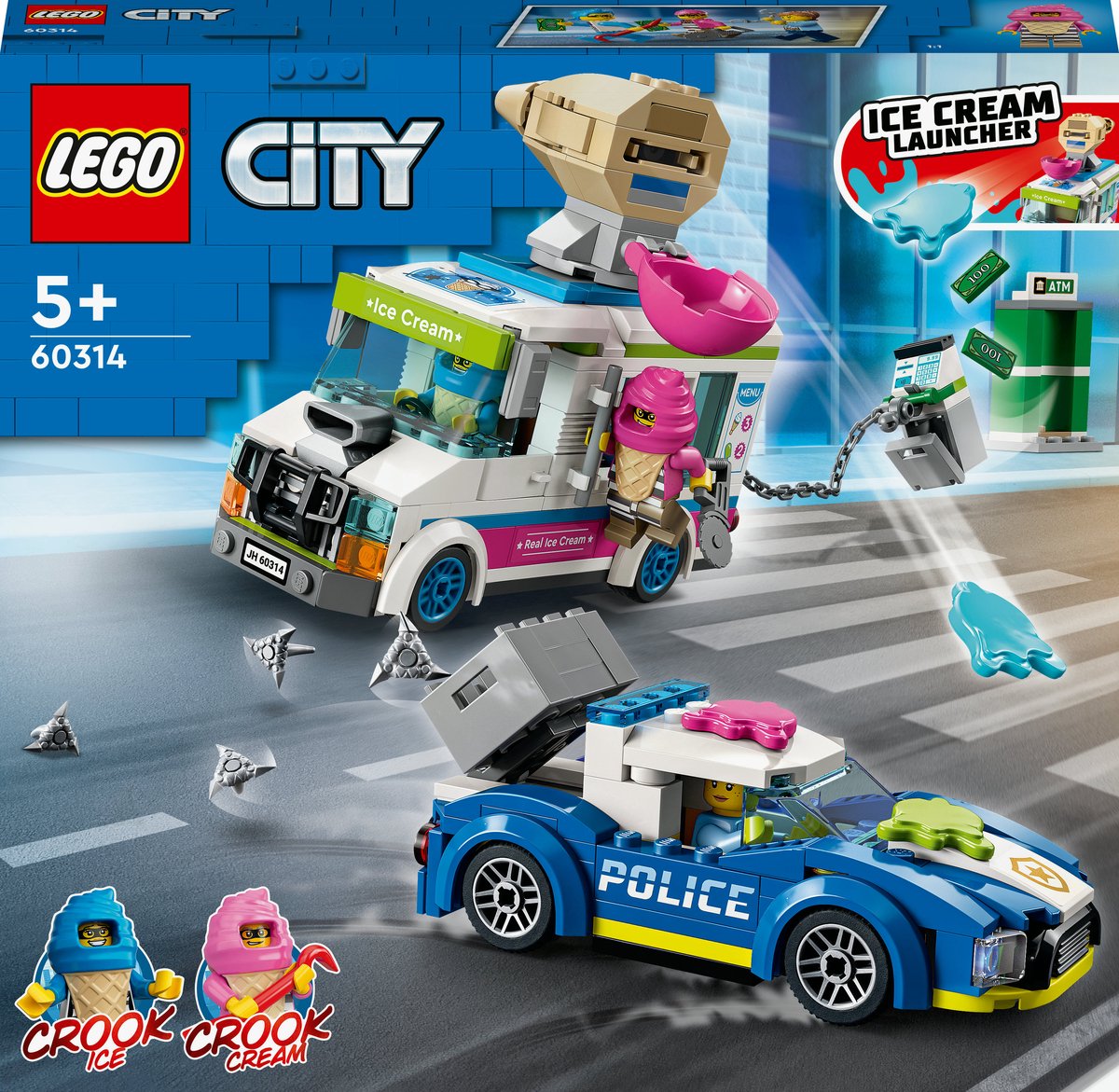 LEGO City LEGO® City IJswagen politieachtervolging 60314 bouwset vanaf 5 jaar; ijswagen kledderschieter, onderscheppingsvoertuig van politie, geldautomaat 2 personages uit LEGO City tv