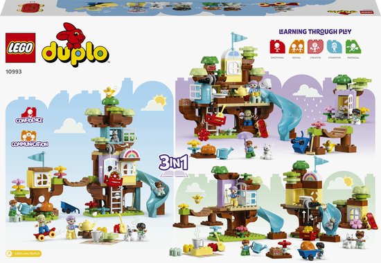 LEGO DUPLO 3in1 Boomhut speelset met kleurrijke figuren, glijbaan, theeservies, pompoen en skelter.