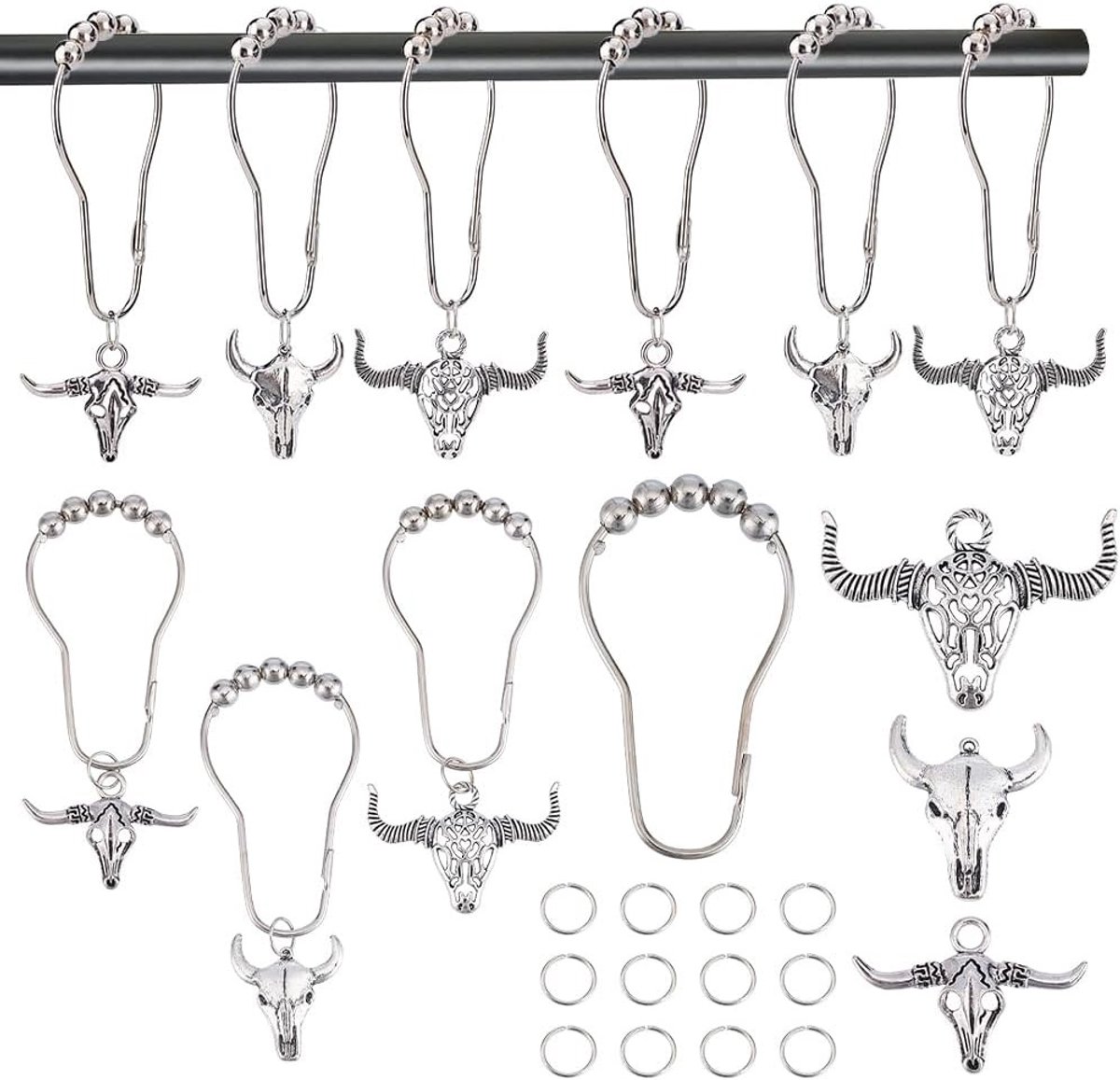 Set van 12 metalen douchegordijnhaken met koeienmotief en stierschedel voor rustieke badkamerdecoratie, cowboystijl en boerderijthema accessoires