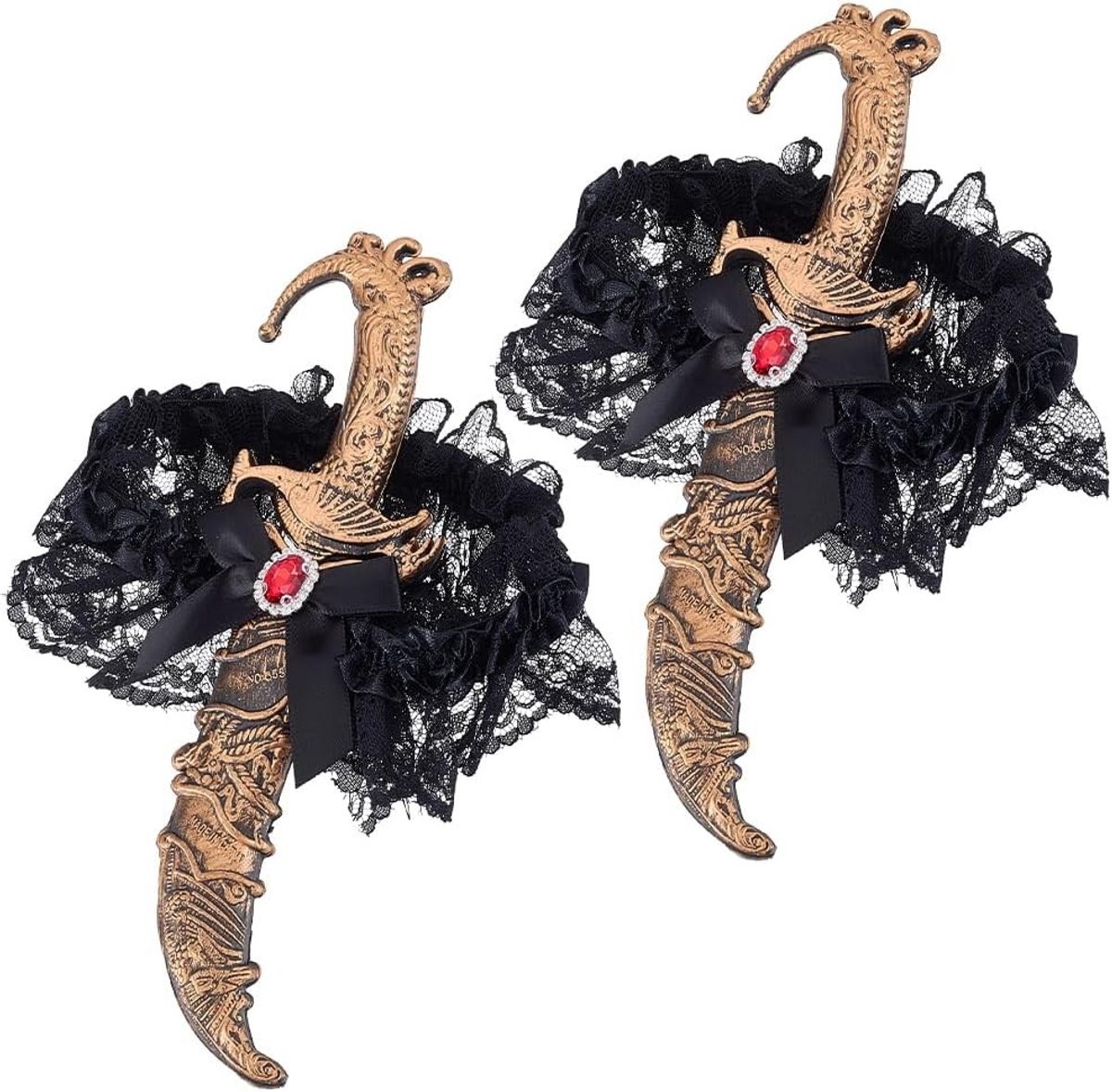 Piratenswaard en dolk set met strik in antiek bronskleur, perfect voor piratenkostuum, Halloween en gothic accessoires voor volwassenen