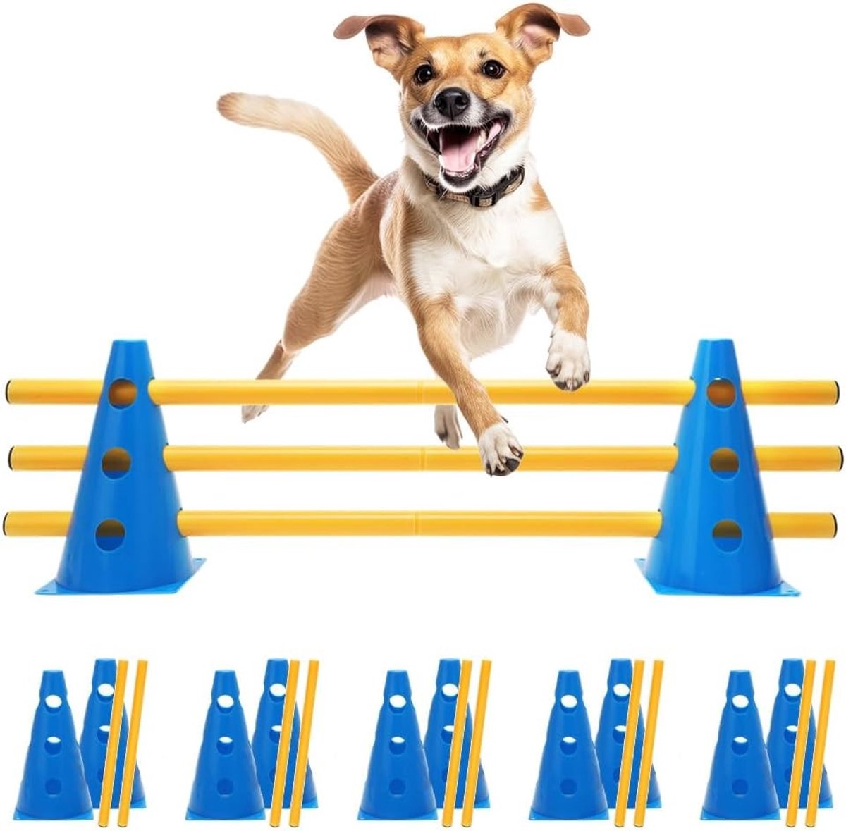 Agility Set voor Honden en Sporttraining met 10 Cones en 5 Poles, Weerbestendig en Stabiel, Perfect voor Obedience en Behendigheidstraining