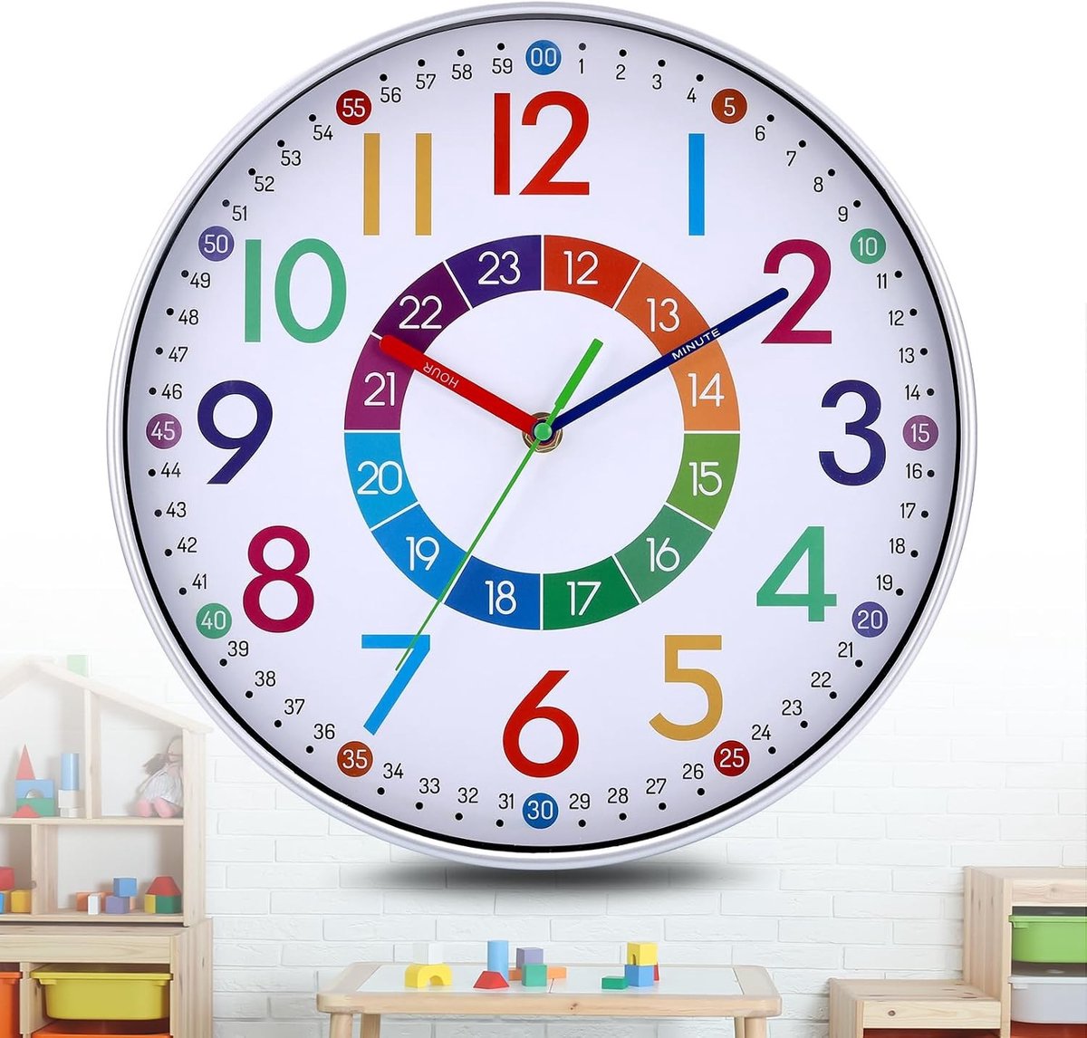 Stille Kinderwandklok van 30 cm met Kleurrijke Cijfers, Ideaal voor Kinderkamers, Quartz Mechanisme en Creatief Ontwerp