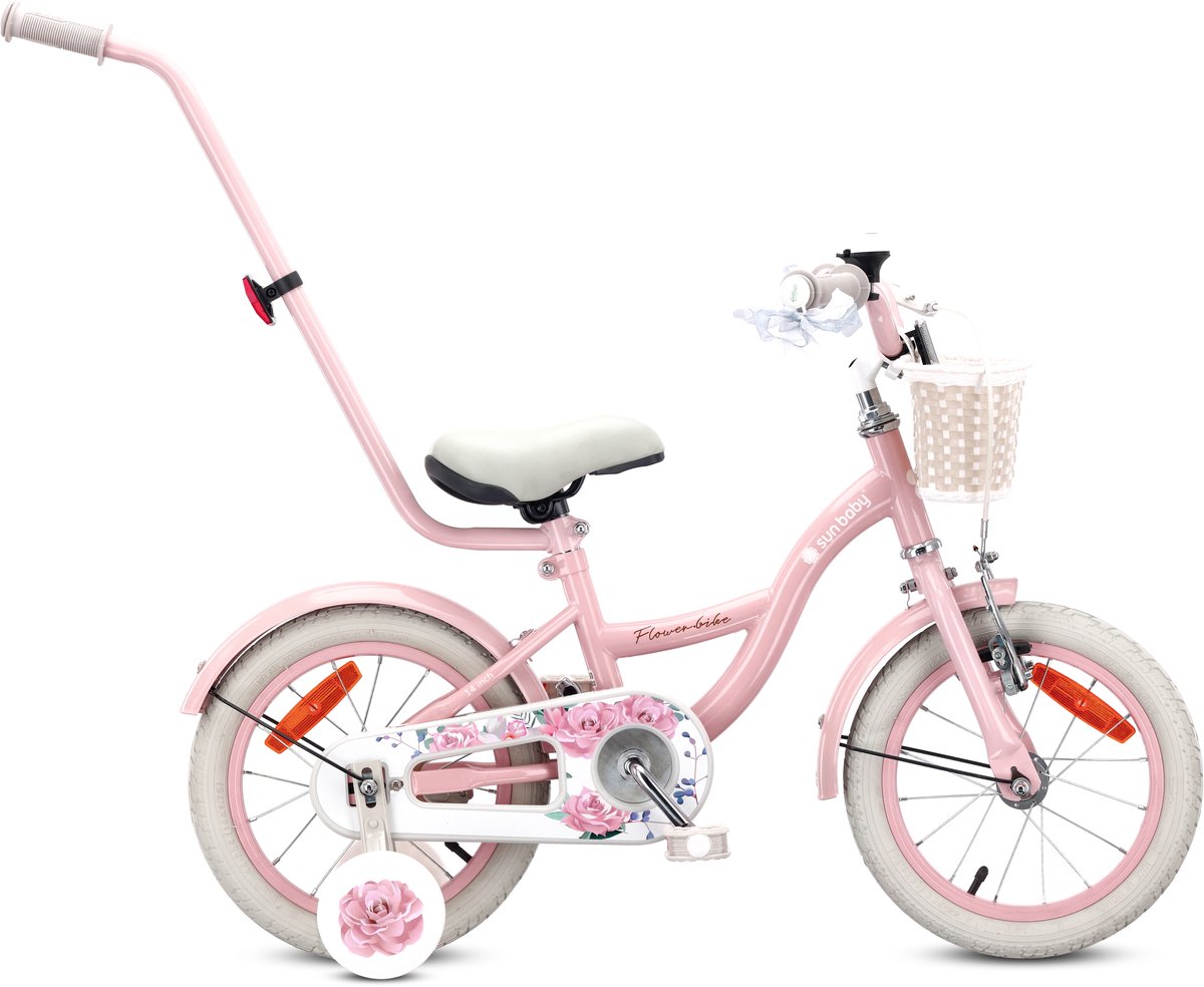 Flower Bike Fiets voor een meisje van 3 tot 5 jaar, 14 inch Roze, met fietsbel, zijwieltjes, duwstang en stuurmandje