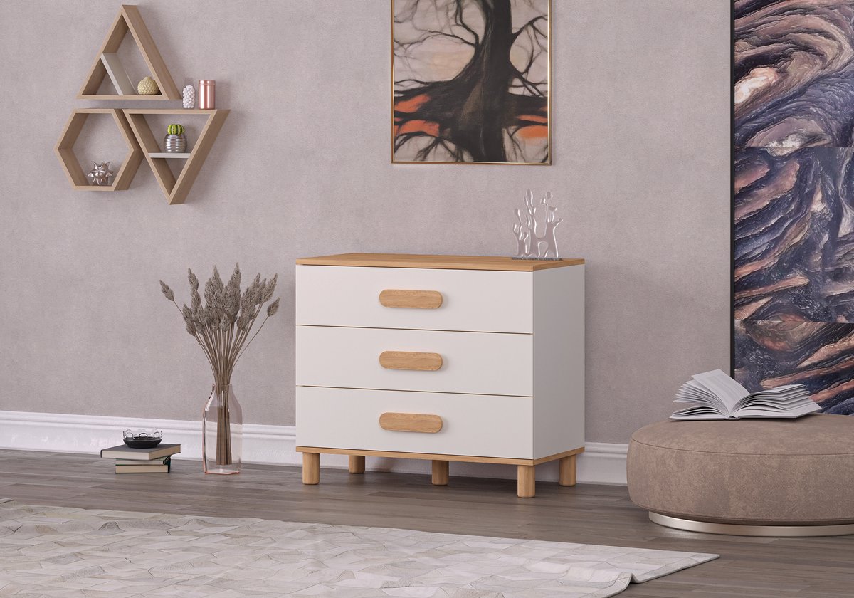 MILA WIT EIKEN LADENKAST MET 3 LADEN – Ladekast – Opbergkast – Slaapkamerkast – Opbergmeubel – Kast met Laden – Dressoir – Moderne Ladekast – Ruime Opbergruimte – Meubel voor Slaapkamer – Woonkamerkast