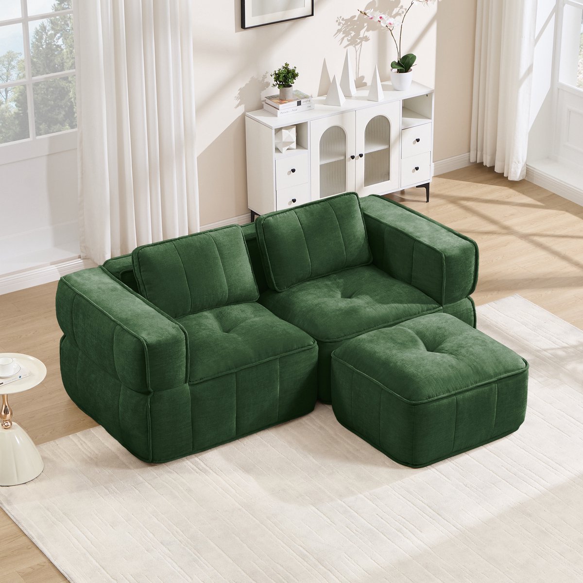 Wishdor Hoekbank - L-vormig modulair 2-zits ontwerp - Met hocker en diepe zit - Zonder montage - Voor woonkamer appartement - Polyester - Groen - 198 x 162 x 67 cm