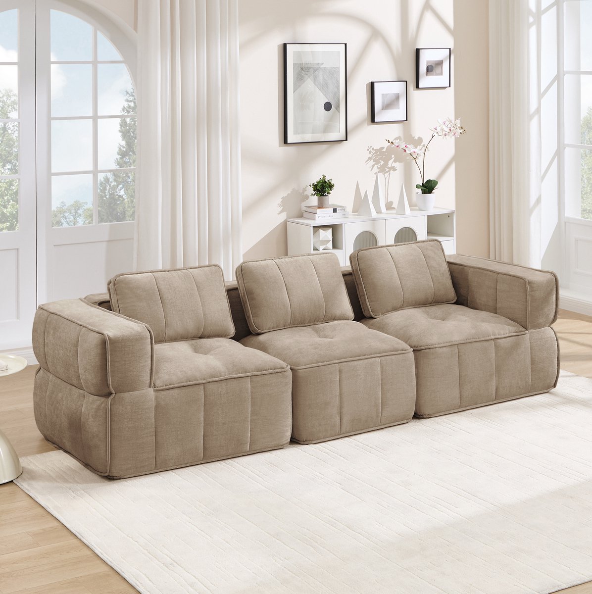 Wishdor Modulaire 3-zits bank - Sand - Polyester - Zacht zitcomfort brede armleuningen - Modern design zonder montage - Woonkamer relaxen familiebezoek - 271 x 93 x 67 cm