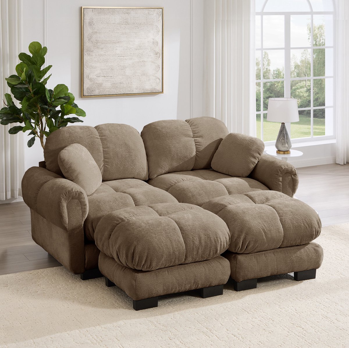 Wishdor U-bank - 2-zits modulaire bank - Met mobiele ottomane en dikke zitkussens - Gestikt design - Woonkamer - Chenille - Bruin - 190 x 149 x 90 cm