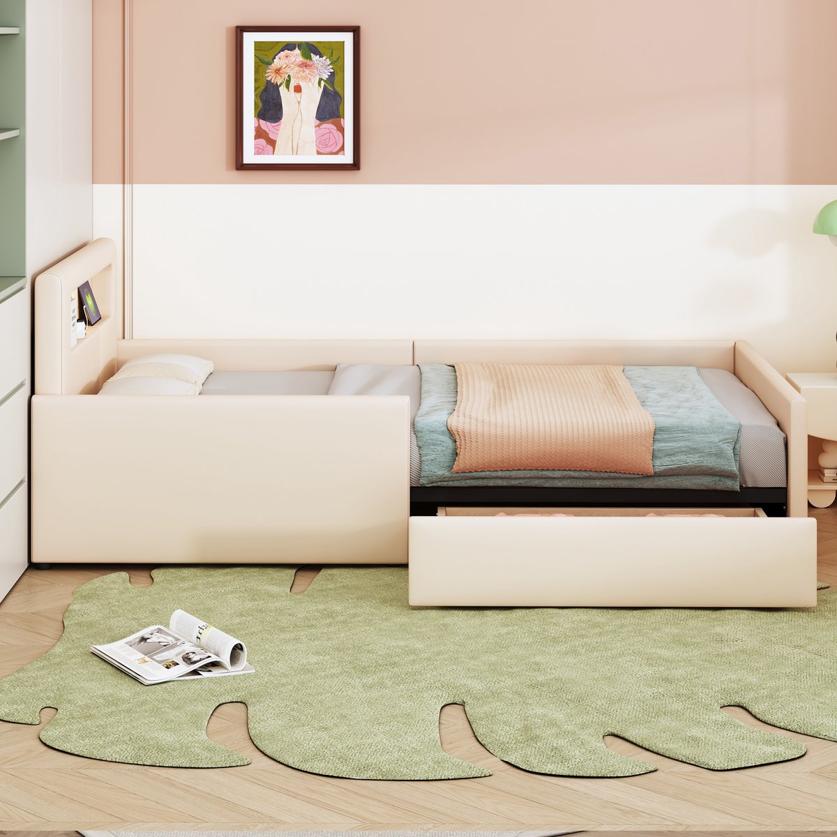 WUVRIE Kinderbed 90x200 cm in beige met USB-oplaadpoort, LED-licht en opberglades
