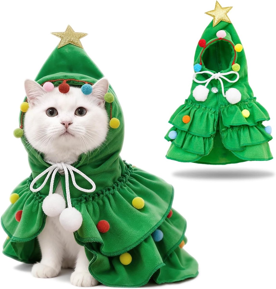 Kerstkostuum voor Katten met Kleurrijke Ster en Pompom, Cape in Kerstboomstijl voor Huisdieren, Ideaal voor Feestjes en Cosplay voor Kleine Honden en Katten