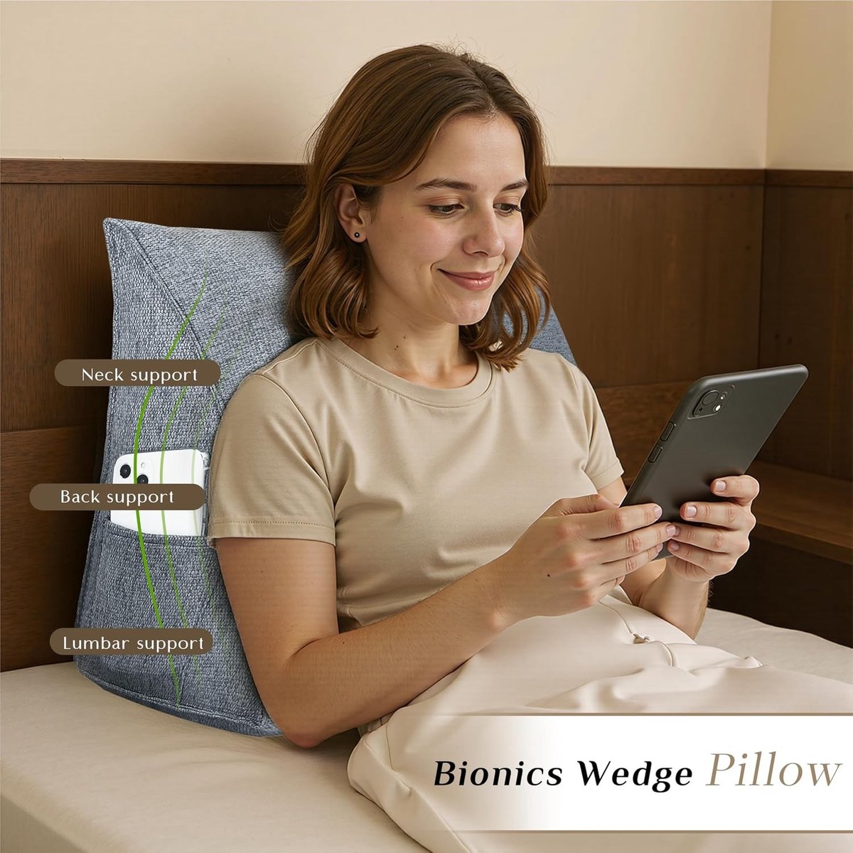Wigkussen bed - Grijs - 45 x 20 x 35 cm - Linnen Steunkussen voor Rug en Nek - Voor Comfortabel Zitten en Lezen