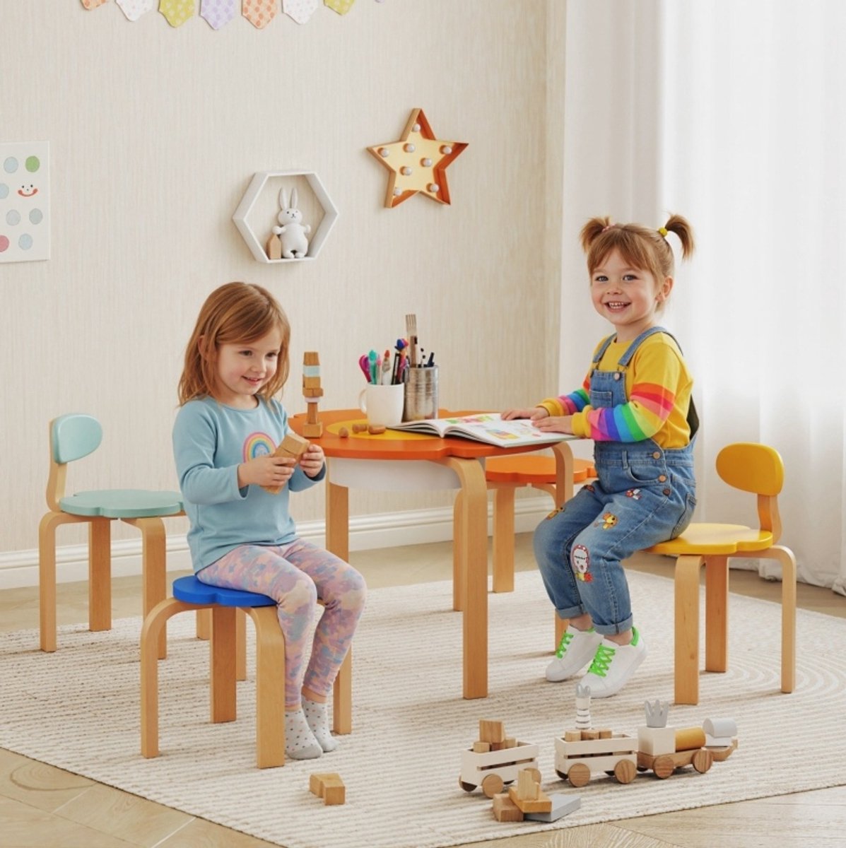 MODFU - Set Tafel En Stoelen Voor Kinderen - Bloemvorm - Opbergruimte - Hout - Multicolor