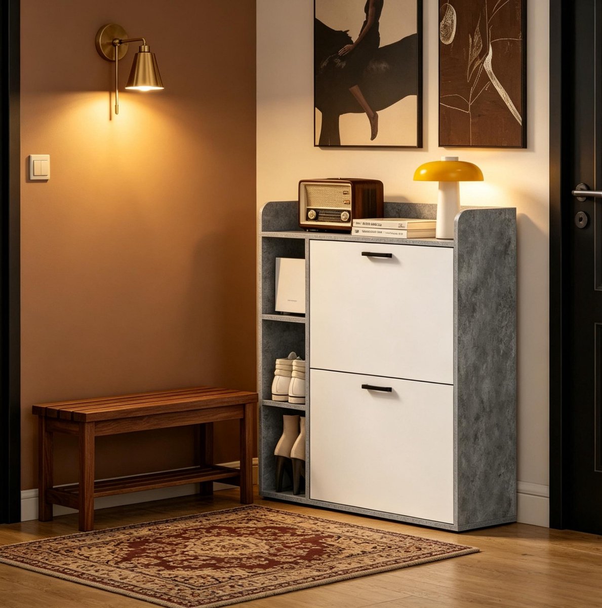 REDOM - Schoenenkast - Twee uitklapbare vakken - Drie verstelbare vakken - Open plateau - Moderne stijl - Hal - Spaanplaat - Wit en Grijs - 83 x 24 x 90,5 cm