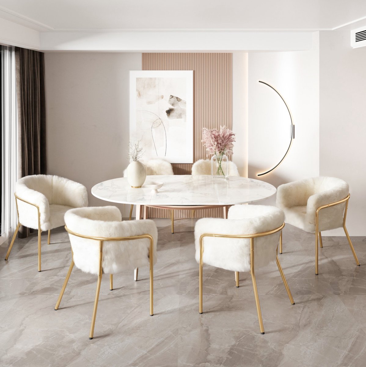 DESMIU Eetkamerstoel - Kuipstoel Set Van 6 - Comfortabele Luxe Met Zachte Bekleding En Gouden Metalen Poten - Voor Woonkamer En Eetkamer - Wit