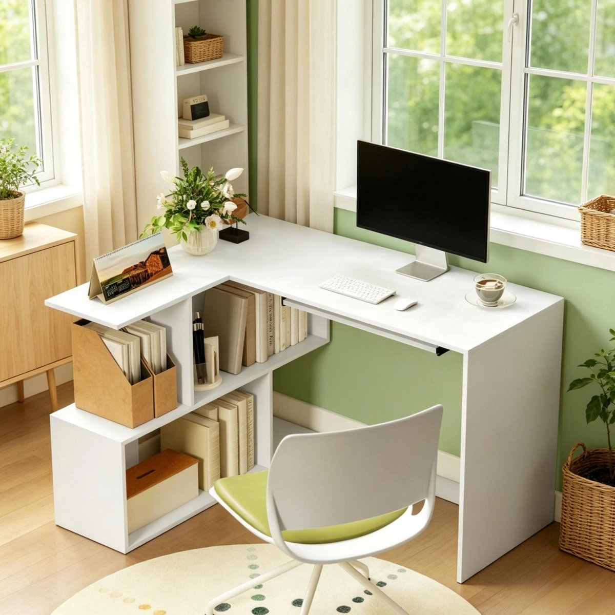 REDOM - Bureaus - Hoekbureau met opbergrekken - Uitschuifbaar toetsenbordblad - Moderne stijl - Thuiswerkplek - Spaanplaat - Wit - 120 x 100 x 76 cm