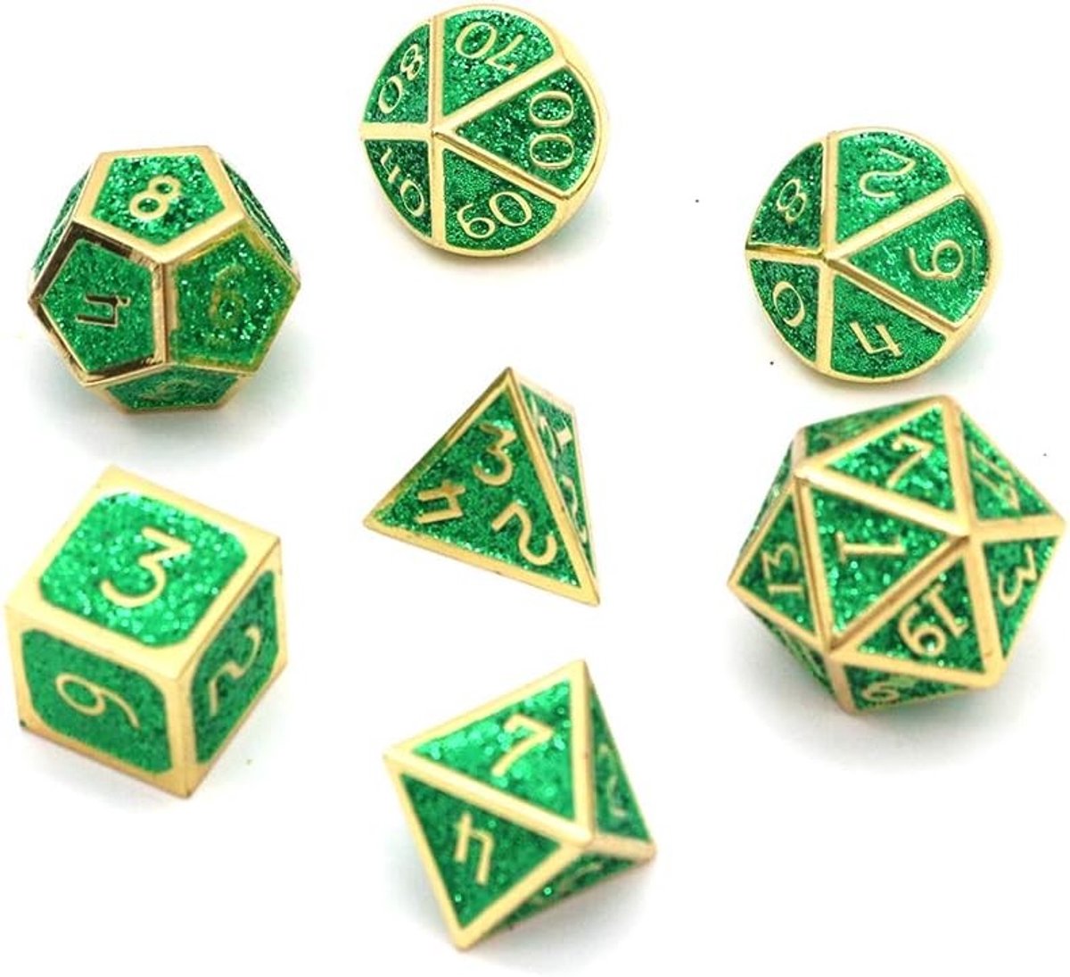 Polyhedrale dobbelstenen set van 7 stuks met zwarte opbergtas voor rollenspellen, Dungeons & Dragons en wiskundeonderwijs (glanzend diep groen)