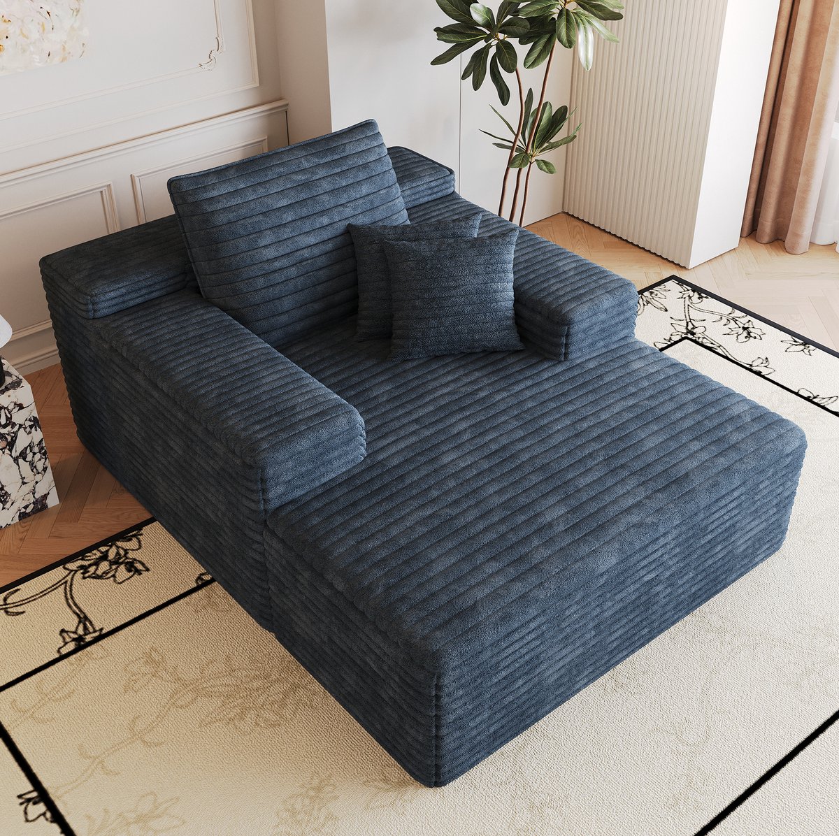 Wishdor Chaise longue - Diepe ribstof zitting - Zonder montage en gereedschap - Modulaire uitvoering met armleuningen - Voor woonkamer slaapkamer - Ribstof - Blauw - 115 x 159 x 60 cm