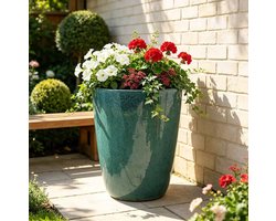 Bloempot Rond 38,5 Cm Hoogte 49,5 Cm Keramiek Aqua Blauw Glanzend Voor Binnen En Buiten Met Drainagegaten Voor Middelgrote Planten