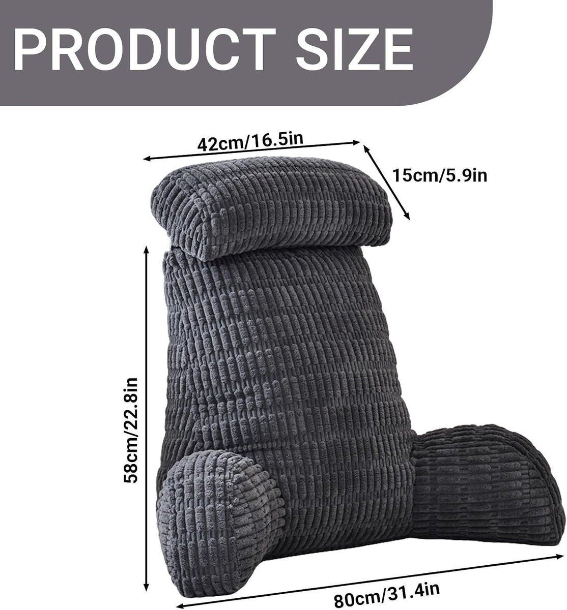Wigkussen bed - Donkergrijs - 80 x 40 x 55 cm - Leeskussen met afneembare hoofdsteun en armleuningen - Voor lezen en ontspannen