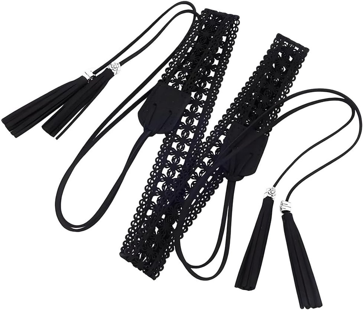 Bohemian Gevlochten Tassel Riem van PU Leer - Vintage Hollow Knotted Tailleband van 169 x 2.8 cm