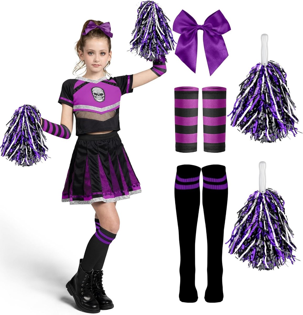 Halloween Cheerleader Kostuum voor Meisjes - Eng Spook Kostuum met Schedel en Accessoires in Paars en Zwart, Maat L, Perfect voor Feestjes en Verkleden
