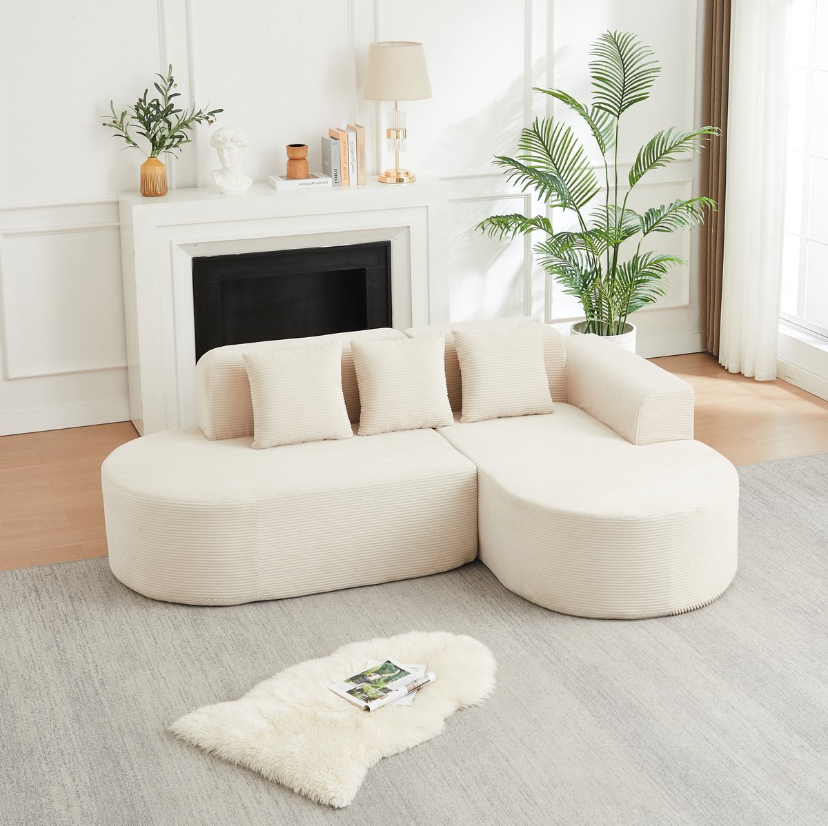 STILVORA Hoekbank 220 Cm - L-Vormige Modulaire Bank Met 3 Kussens En Golvende Armleuningen - Voor Woonkamer En Speelkamer - Cord - Beige