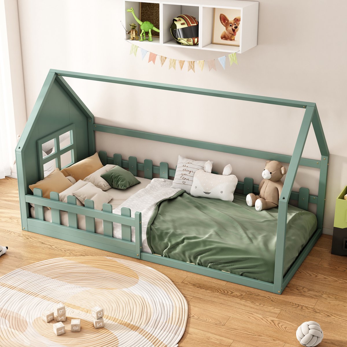 WUVRIE kinderbed 90x200 cm in huisvorm met lattenbodem, groen