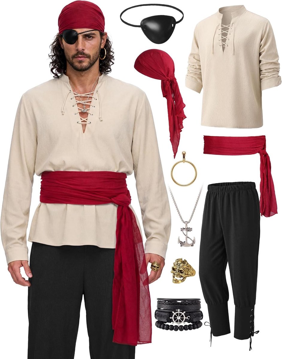 6-delige Beige en Zwarte Piratenkostuum voor Mannen met Viking Shirt, Sash, Broek, Ooglapje, Bandana en Oorbellen voor Halloween, Maat XL - Perfect voor Feestjes en Verkleedpartijen