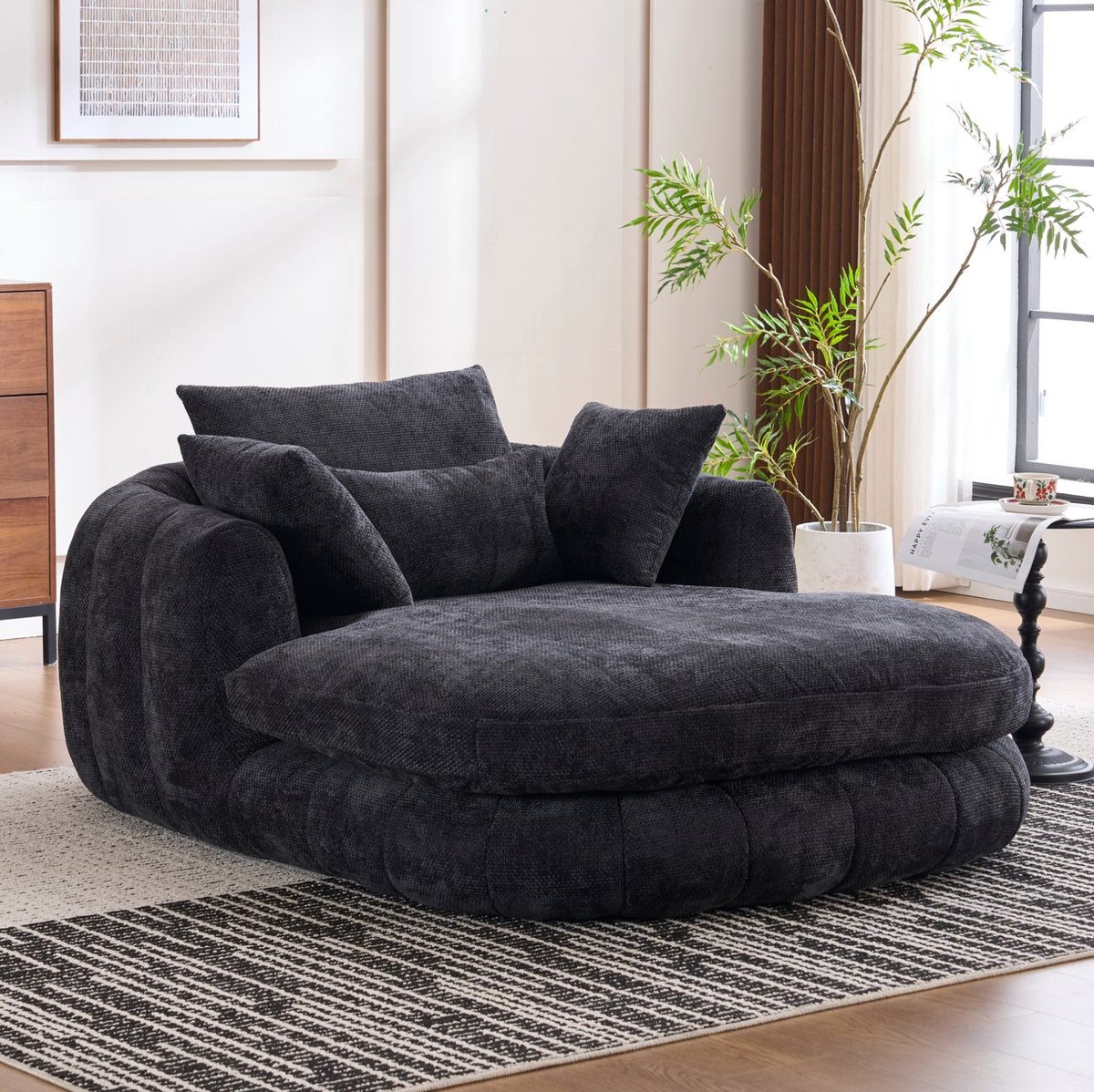 STILVORA Chaise Longue - 1-Zits - Zacht Met Armleuningen En Kussens - Voor Woonkamer En Leeshoek - Chenille - Zwart