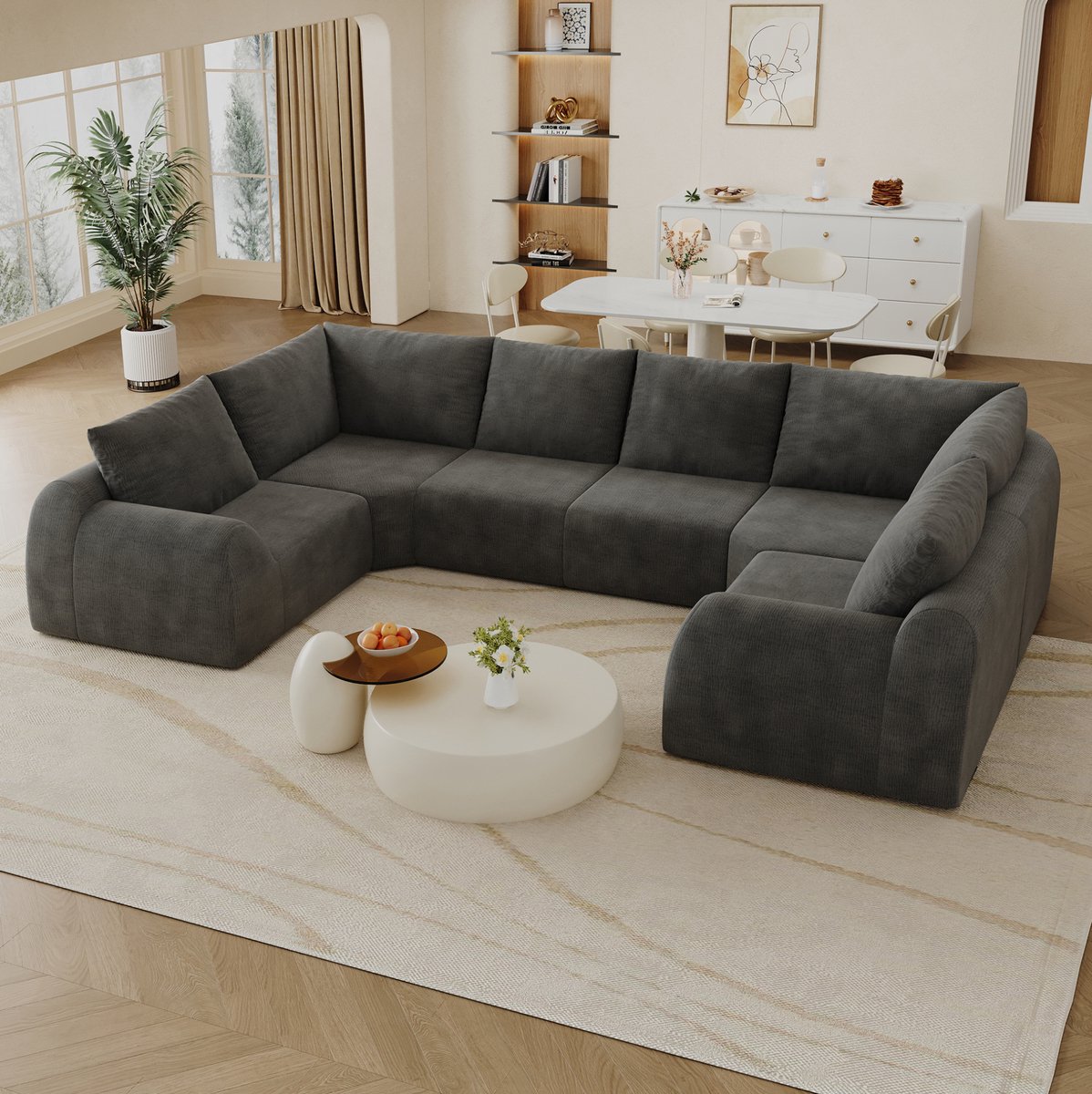 Wishdor U-bank 6 zitplaatsen - Boneless en modulair - Chenille stof - Donkergrijs - Voor woonkamer, slaapkamer en appartement - 344 x 200 x 85 cm