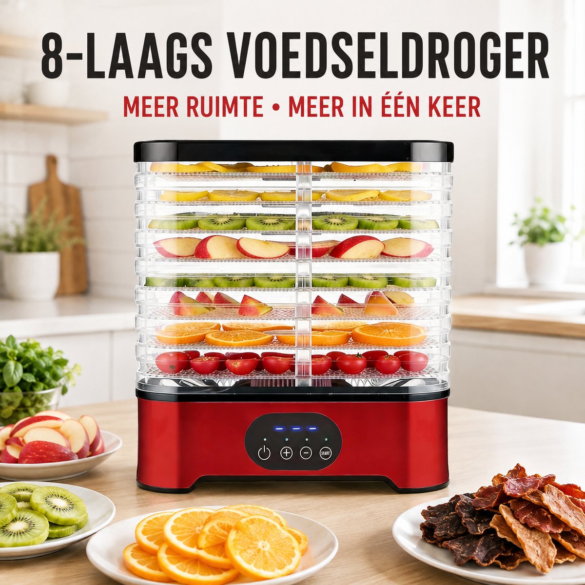 Elektrische Fruitdroger met 8 Transparante Droogtrays – Voedseldroger voor Jerky, Fruit, Groenten, Kruiden en Snacks – Touchbediening, 72 Uur Timer, tot 70°C