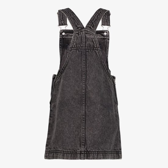 Achterkant grijze denim tuinjurk, met kruisbanden en zijknopen.