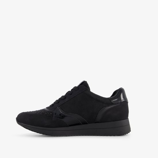 Zwarte Jana sneaker met veters, ritssluiting, glanzende en strass details.