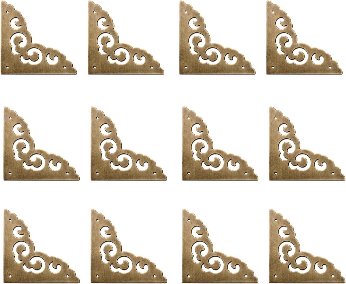 12 Stuks Messing Hoekbeschermers voor Kasten, Decoratieve Hoekbeugels met Bloemenpatroon voor Meubelbescherming en Versteviging