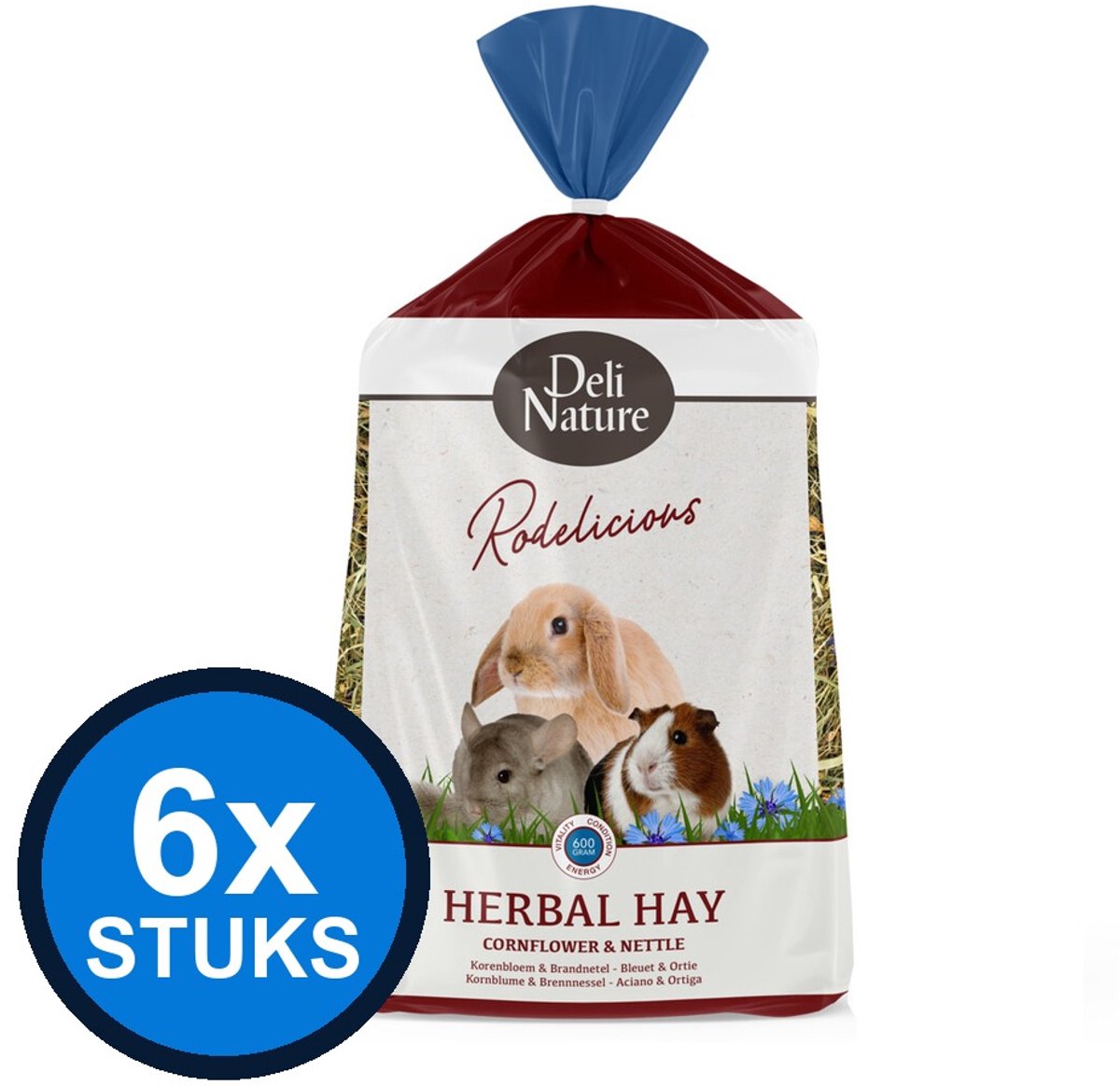 6x Deli Nature Rodelicious Kruidenhooi Korenbloem & Brandnetel - Knaagdierhooi - 600g