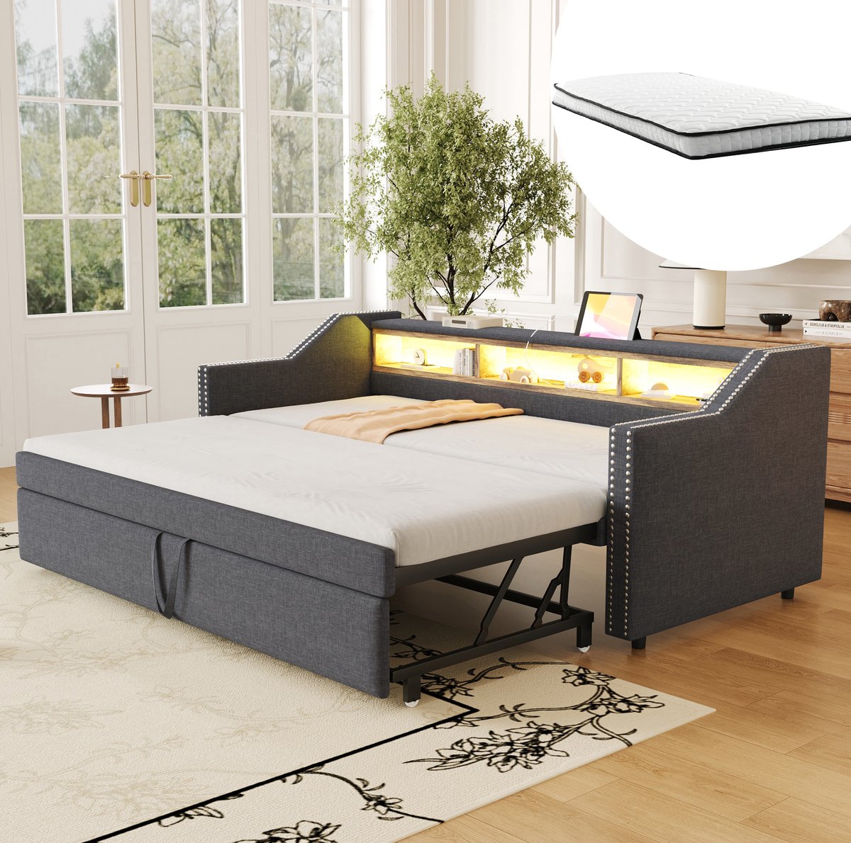 COVREO Uitrekbare bedbank met LED - 90/180x190 cm - Slaapbank van stof en MDF - voor logeerkamer - Donkergrijs - met matras