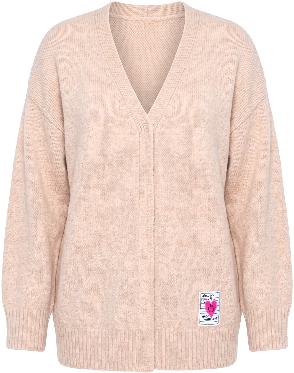 MIAMODA - Dames - Gebreid vest losse pasvorm open model hartvormige patch - Lichtchampagne - Maat 46+