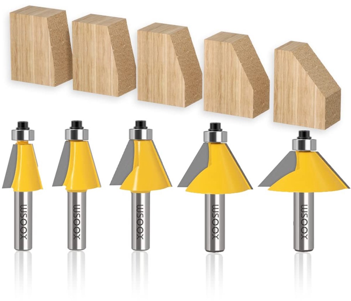 Set van 5 Vormen Freesbits met 1/2" Schacht voor Bevelen en Randen, Inclusief Lager en Hoekinstellingen (11.25°, 15°, 22.5°, 30°, 45°)
